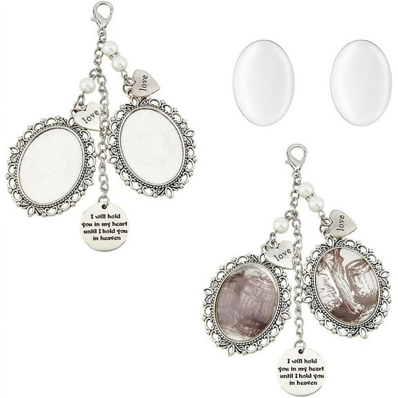 2 Sets Silver Wedding Bouquet Charm Oval Bridal Wedding Bouquet Photo Charms with Glass Cover Alloy Bride Angel Charm 132mm Angel Photo Charm for Engagement Bridal Party Decor