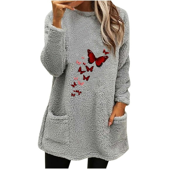 Lovskoo Fuzzy Fleece Pullover Tops for Women Winter Warm Round Neck Printed Long Sleeve with Pocket Solid Color Warm Top Gray
