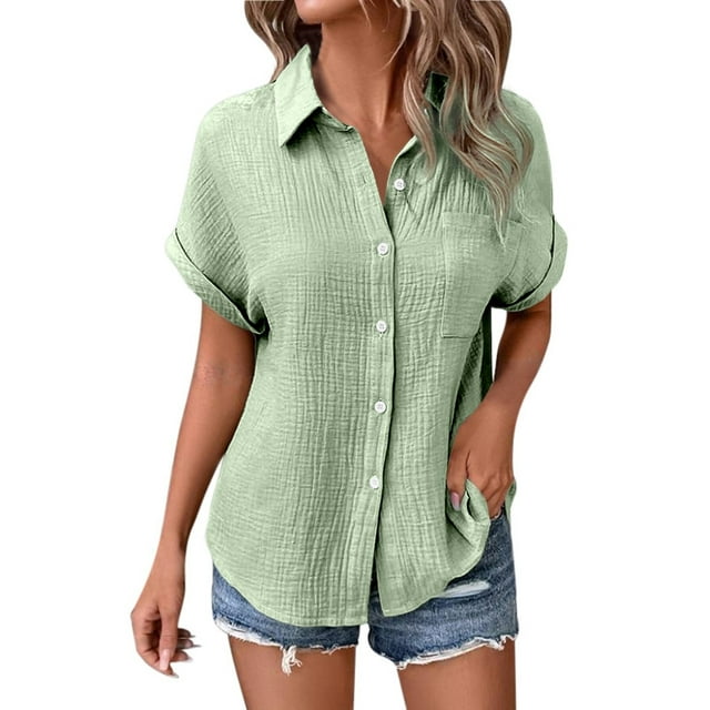 Camisa de manga corta con botones y mangas murciélago de color liso para mujer - Poliéster - Tallas S-XXL