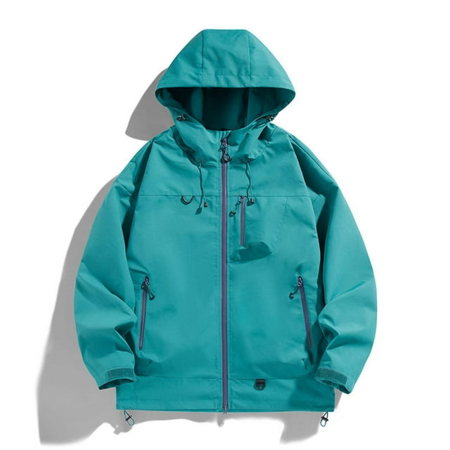 Men's Windproof and Water-Resistant Hooded Outdoor Jacket with Zipper Pockets and Drawstring for All Season Activities