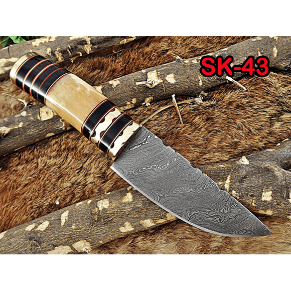 9" HAND FORGED DAMASCUS STEEL SKINNING POCKET KNIFE, CAMEL BONE & BULL HORN ROUND SCALE KNIFE WITH LEATHER SHEATH