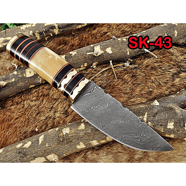 9" HAND FORGED DAMASCUS STEEL SKINNING POCKET KNIFE, CAMEL BONE & BULL HORN ROUND SCALE KNIFE WITH LEATHER SHEATH