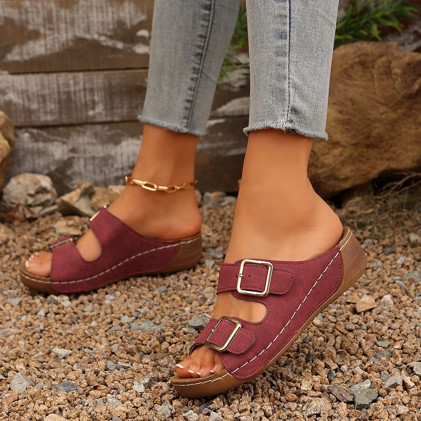 MLCDZ Summer Sandals for Women Orthopedic Wedge Shoes Comfortable Walking Slides Plantar Fasciitis Sandals with Arch Support Anti-Slip Beach Sandals Breathable Red 38