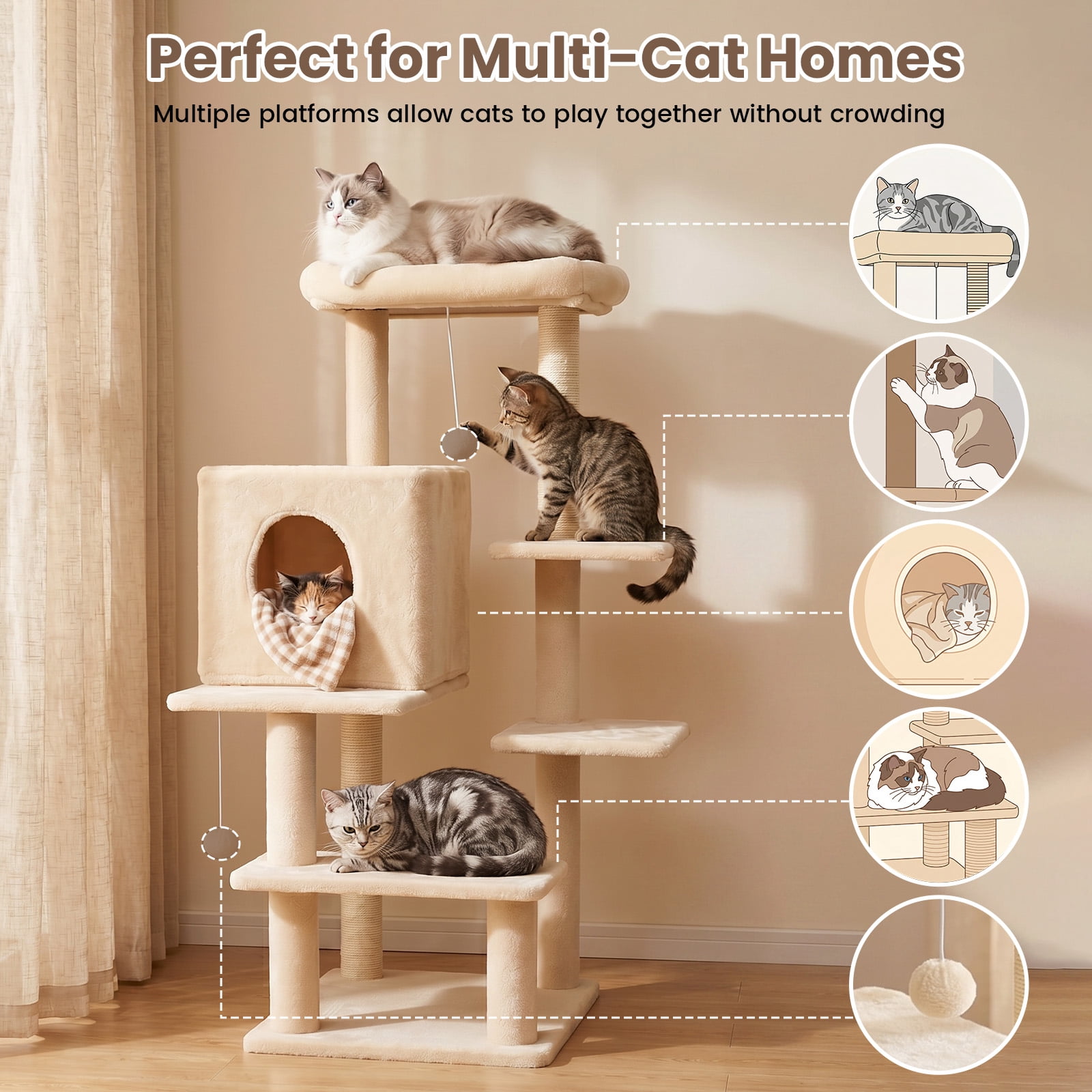 Sturdy 40-inch Cat Tree Tower with Cat Cave & Ramp Steps - Multi-Level Play & Sleep Center for Large Indoor Cats, Beige