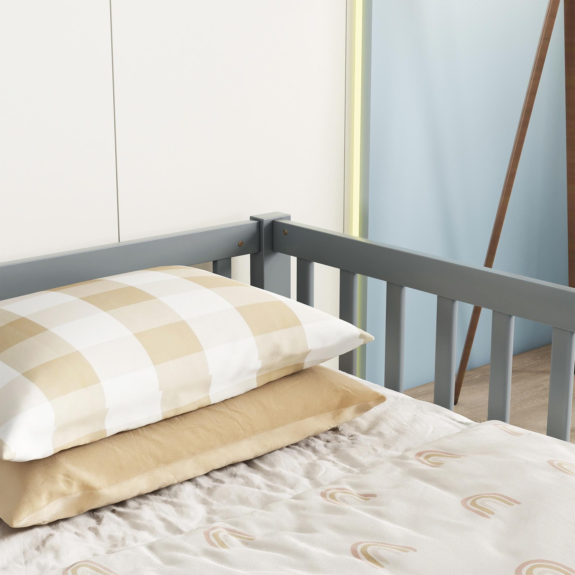 PORKISS Twin Size Floor Bed for Kids, Double Wood Montessori Bed Frame with Fence, Grey