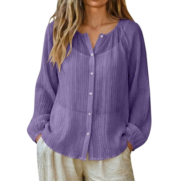 WAGUTH Women's UPF 50 Sun Protection Shirts Crinkled Sheer Long Sleeve Button Down Tops Casual Beach Cover Up Blouses