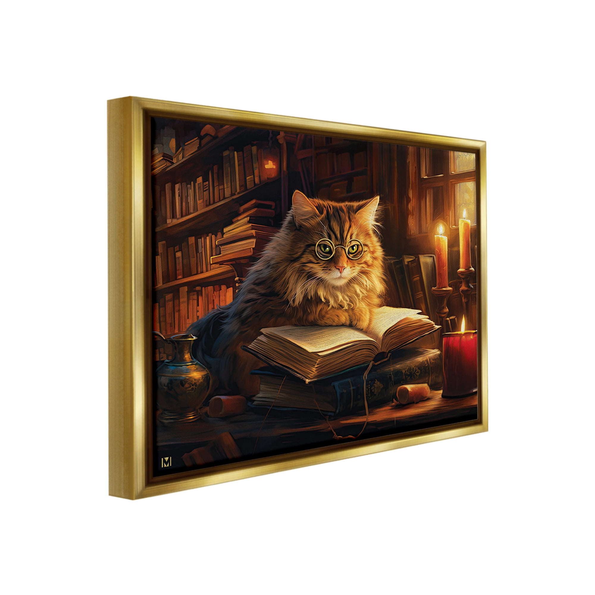 Stupell Industries Cat Reading by Candlelight Animals & Insects Painting Gold Floater Framed Canvas Art Print Wall Art, 21 x 17