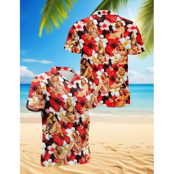 Pinup Girls Hawaiian Shirt for Men, Tropical Style, Button Down Summer Beach Short Sleeve, S-5XL
