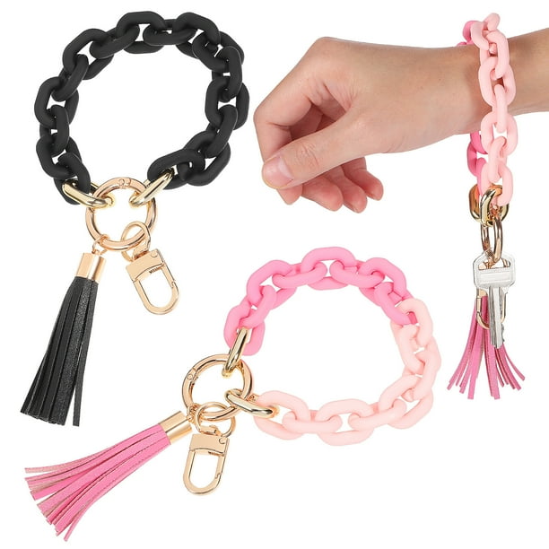 2 llaveros de pulsera de acrílico con eslabones gruesos, llaveros con borlas, llaveros para casa o coche.