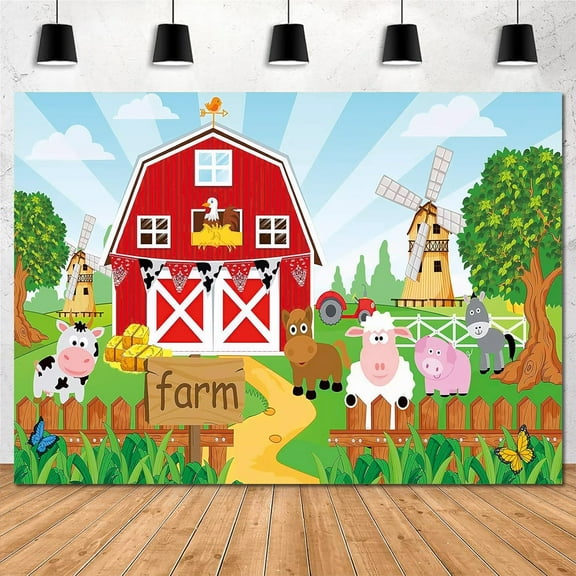7x5FT Farm Red Barn Theme Pretty Backdrop for Kids Party Cartoon Farm Animals Birthday Party Background Farm Theme Party Photography Supplies for Children Cake Table Banner Photo Booth Decorations