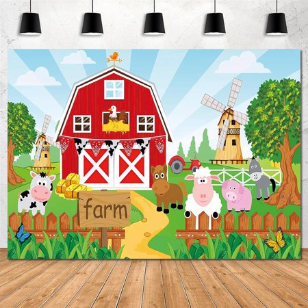 7x5FT Farm Red Barn Theme Pretty Backdrop for Kids Party Cartoon Farm Animals Birthday Party Background Farm Theme Party Photography Supplies for Children Cake Table Banner Photo Booth Decorations