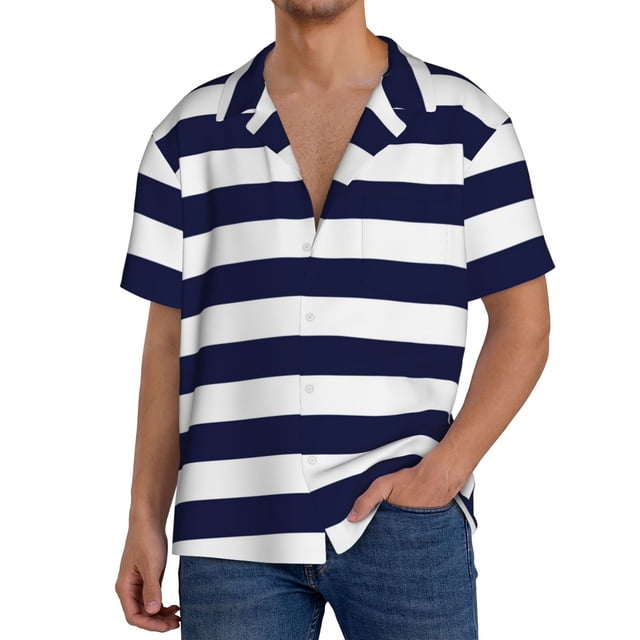 Fotbe Navy Blue And White Stripes Camisa Estampada de Manga Corta para Hombre, Casual de Verano, Estilo Playero, Sin Arrugas-Small
