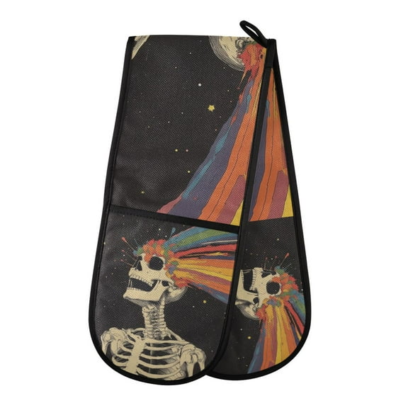 Yayeee Double Oven Mitt Kitchen Heat Resistant Baking 35" x7" Quilted Glove, Black Skeleton