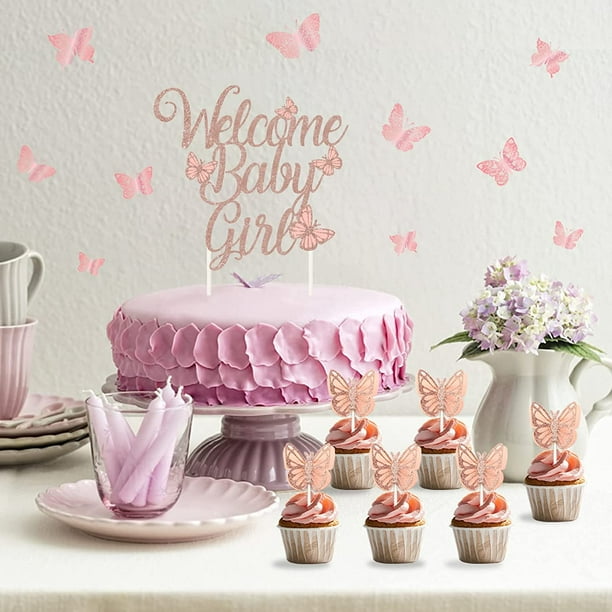 Butterfly Baby Shower Decorations for Girl Rose 3D Butterfly Wall Stickers Baby Girl Cake Toppers Butterfly Themed Floral Fairy Garden Party Supplies - Walmart.com