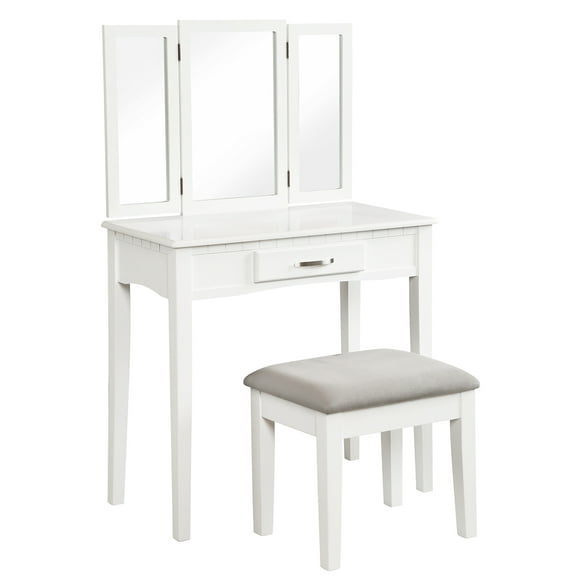 Angel Line Ella Vanity Table and Stool Set w/ Tri-Folding Mirror, White w/ Gray Cushion