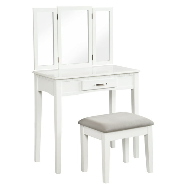 Angel Line Ella Vanity Table And Stool Set W Tri Folding Mirror White W Gray Cushion Walmart Com Walmart Com