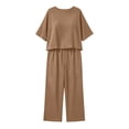thumbnail image 4 of Cagogo Women's 2 Piece Set Casual Summer Vacation Outfits Loose Round Neck Short Sleeve Tops Wide Leg Pants Matching Lounge Sets Tracksuits Travel Airport Clothes Boho, Khaki S, 4 of 6