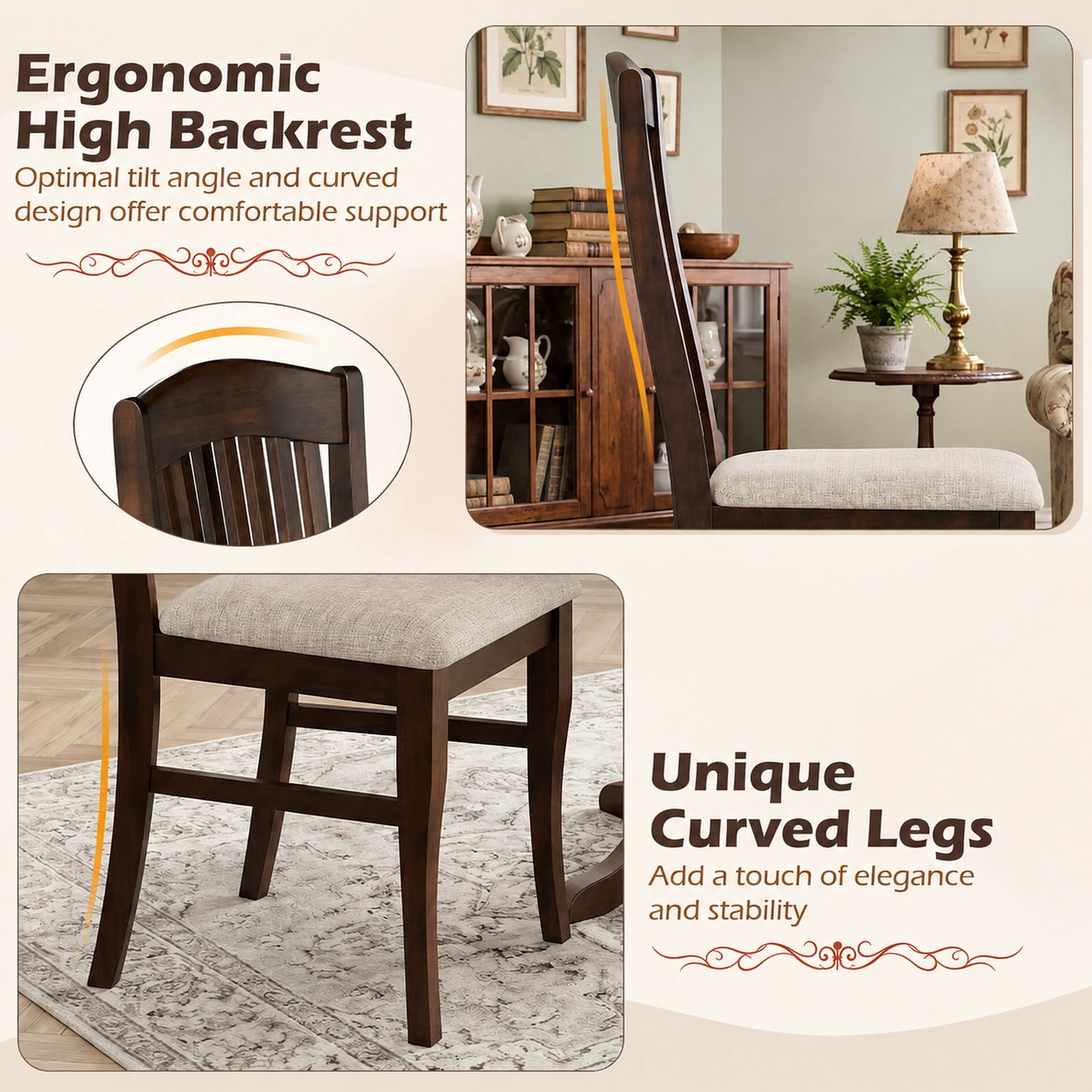 Furnibear Mid Century Kitchen Side Chairs Set of 2 Armless Dinette Dining Chairs with Rubber Wood Frame and Curved Legs, Coffee