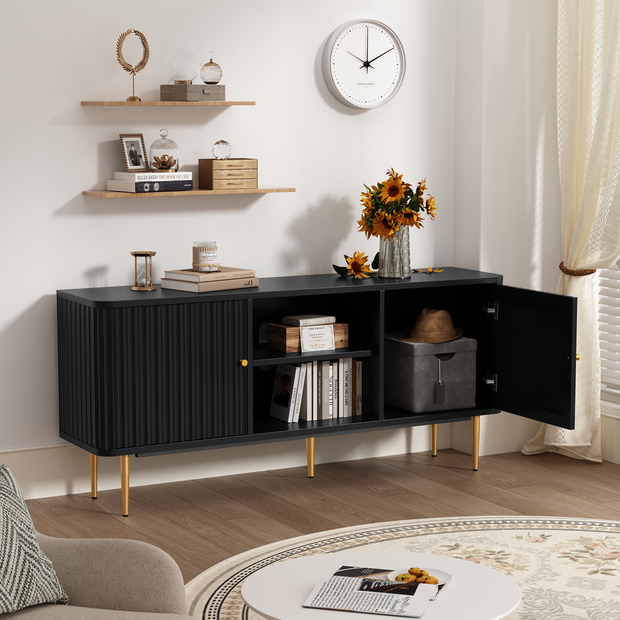 HLR Modern Fluted 55" TV Stand for 65 Inch TV with Storage, Entertainment Center for Living Room, Black