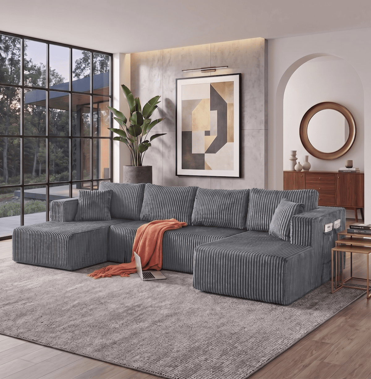 132" Cloud Couch Modular Sectional Sofa, U Shaped Sleeper Sofa Bed, Oversized Chaise, Reversible Corduroy Modular Couch for Living Room, Apartment, No Assembly (Dark Gray)