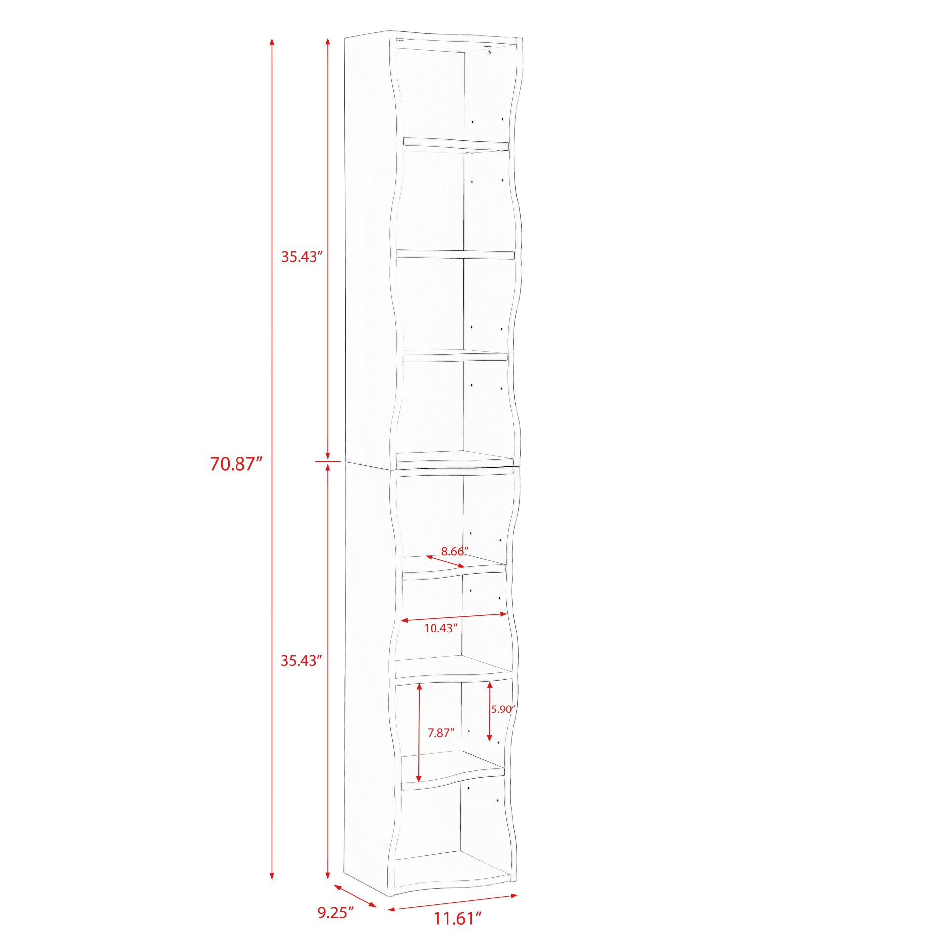 70" Tall Narrow Bookshelf, 8-Tier Cube Display Rack, Modern Wavy Border Design Corner Bookshelf with Adjustable Shelf, CD Storage Cabinet for Home Office, Gray