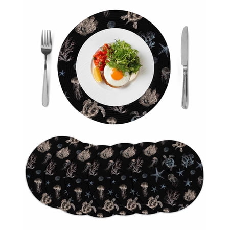 Black Coastal Round 15 Inch Placemats Set of 6 Nautical Summer Beach Sea Turtle Starfish HeatResistant Non Slip Place Mats for Dining Table Wipeable Braided Kitchen Table Mats for Housewarming