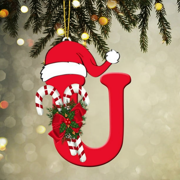 Colgante de árbol de Navidad de acrílico 2D con letras | Juego de 26 adornos con iniciales del alfabeto para decoración navideña