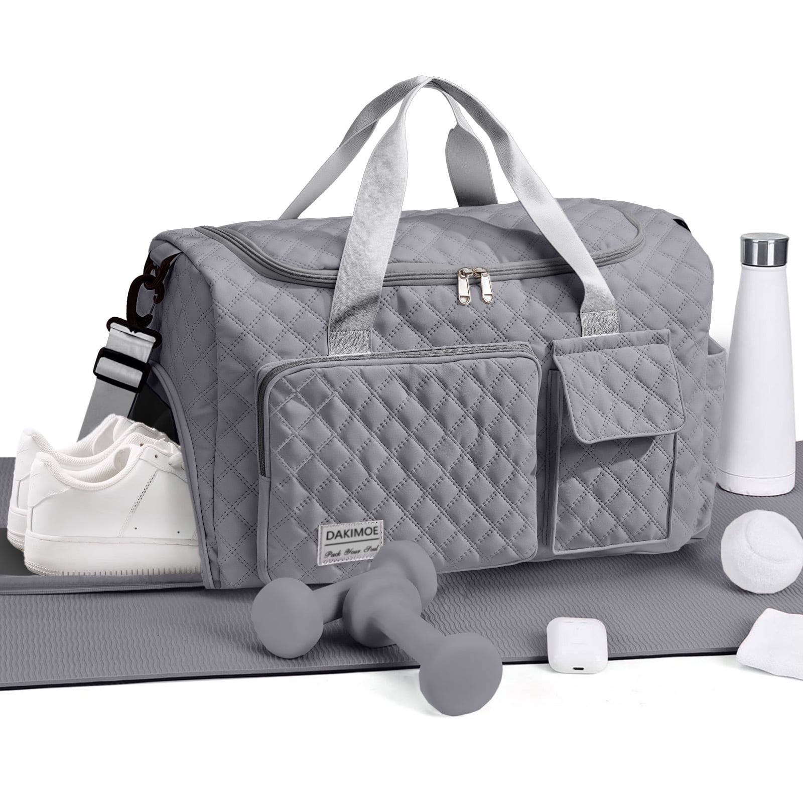 DAKIMOE Travel Duffle Bag for Women Men, Weekender Overnight Bags Carry on Gym Bag with Wet Pocket/Adjustable Strap/Shoe Compartment, Foldable Waterproof Duffel Tote for Plane Sports Dance, Gray