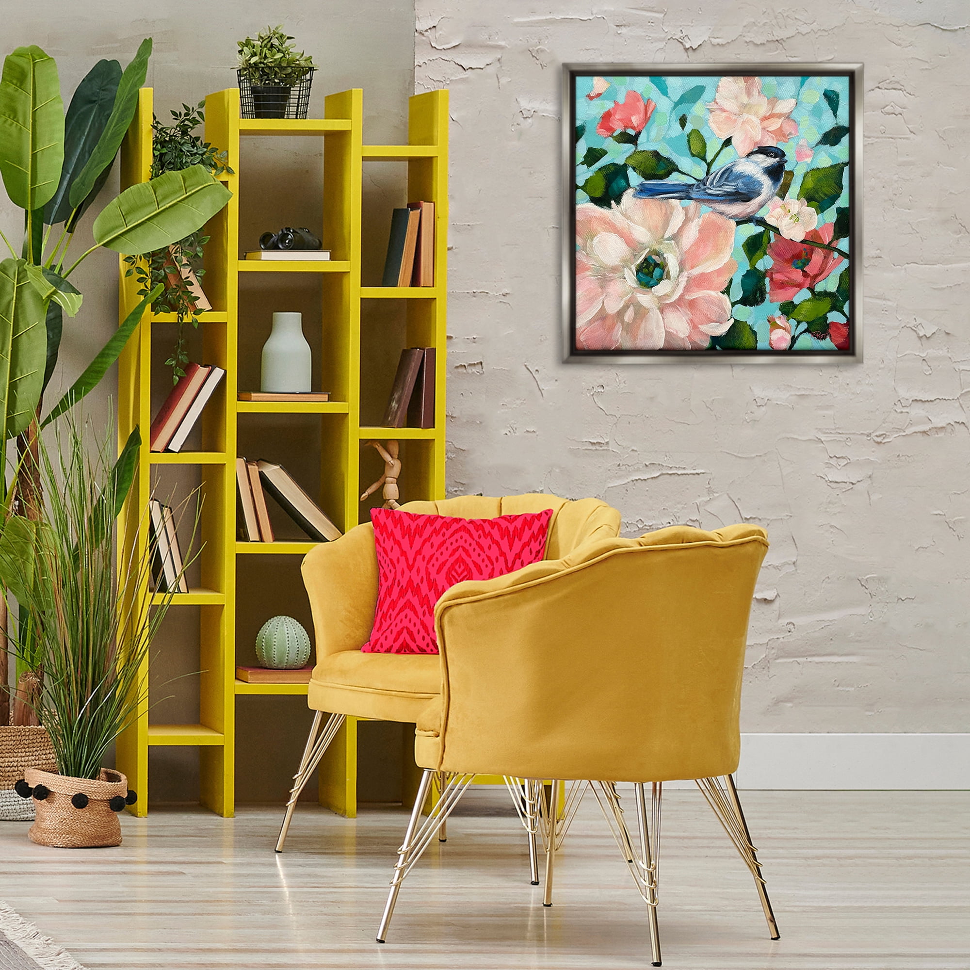 Stupell Industries Blue Bird & Bold Flowers Plants & Flowers Painting Gray Floater Framed Canvas Art Print Wall Art, 25 x 25