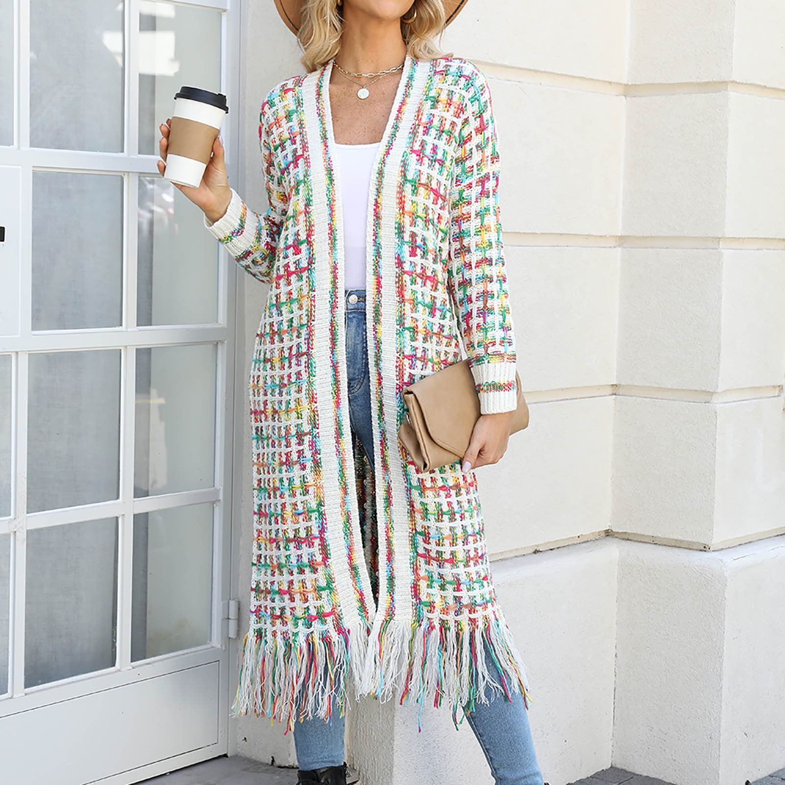Cardigans Sweaters for Women Long Sleeve Open Front Tassels Oversized Knitted Coats Knee Length Checkered Color Block Soft Outerwear Sweater