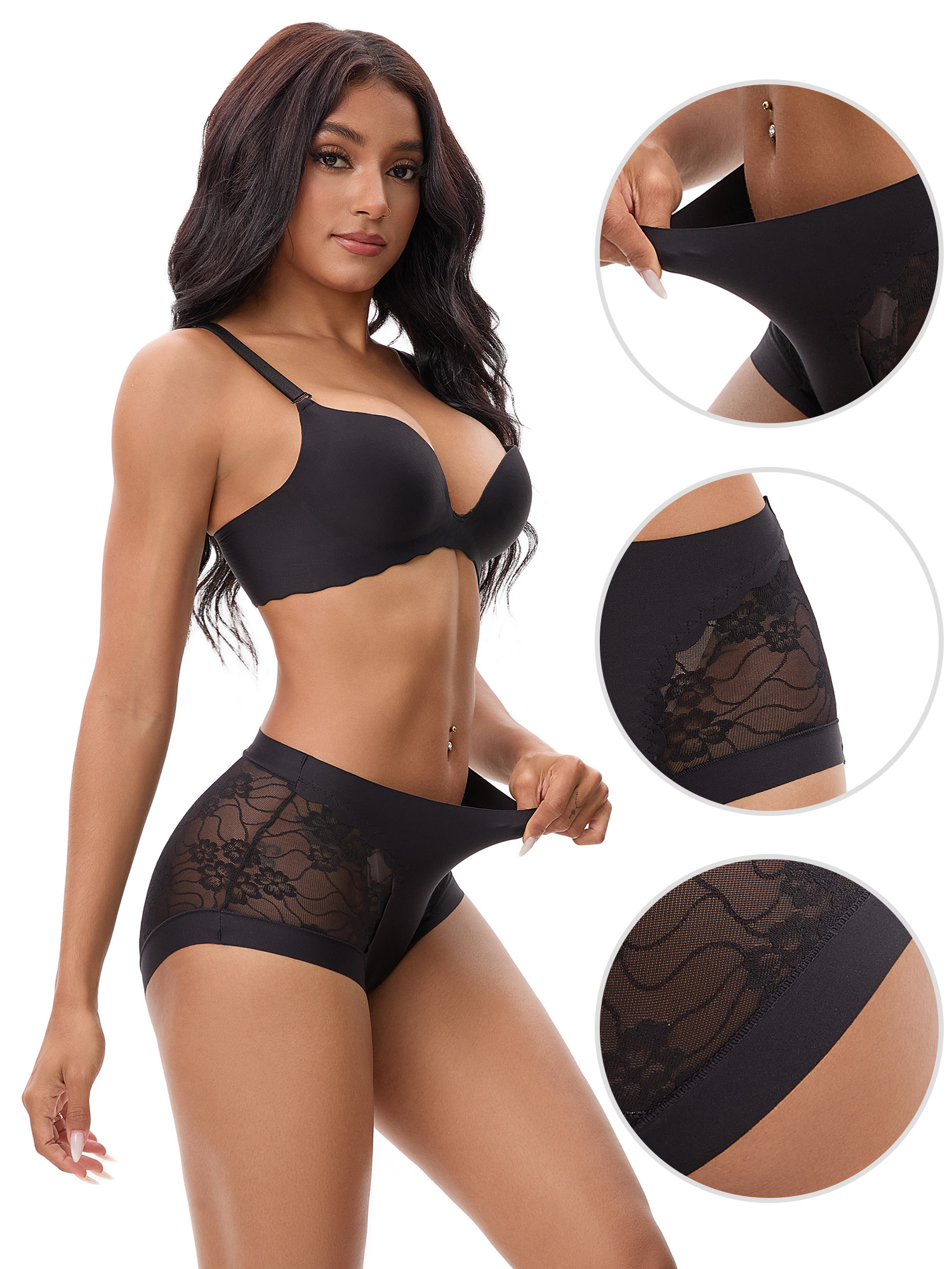 Unique Bargains High Wasited Lace Full Coverage Panties M Black