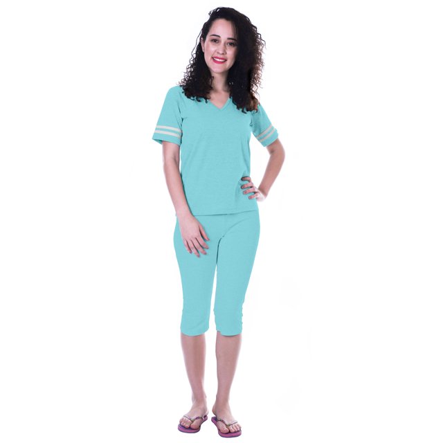 Moomaya Ensemble de Nuit Uni pour Femmes avec Capri en Coton Tenue de Nuit 2 Pcs Chemises de Nuit-FFZ