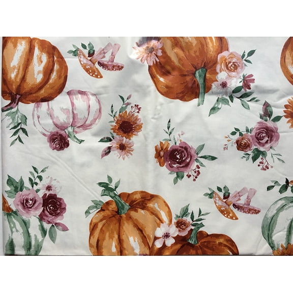 Thanksgiving Harvest Autumn Pumpkins Flowers Mushrooms Vinyl Flannel Backed Tablecloth (52" x 90" Oblong)