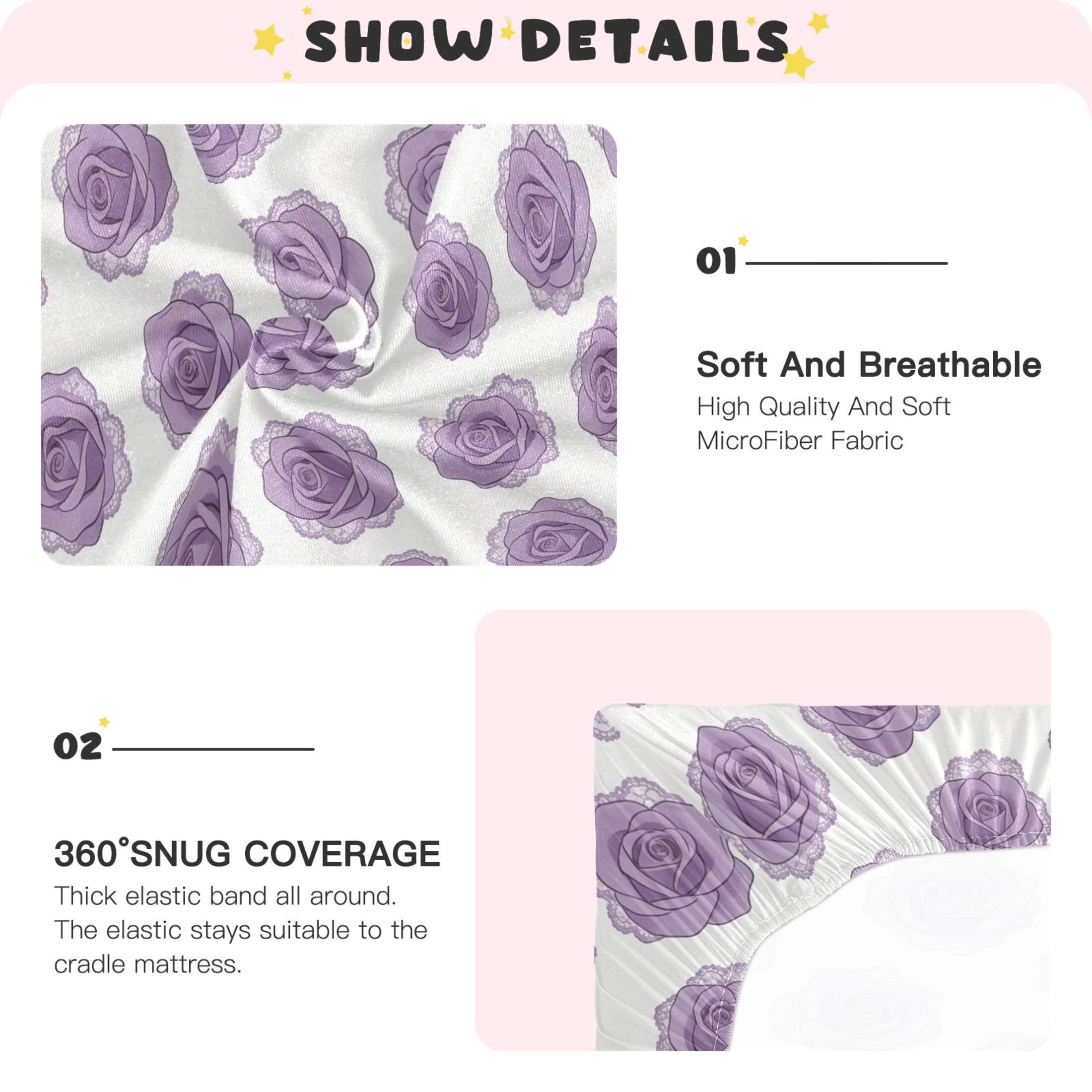 Baby Essentials 52”x 28”- Standard Cotton-like Modal Elastic- Purple Rose Design Crib Sheets for Newborns and Toddlers