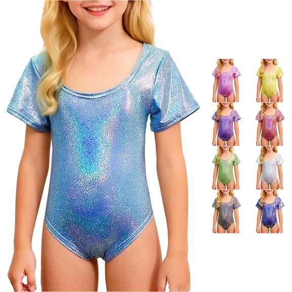 Girls Latin Dance Gymnastics Leotard Shiny Rhinestone Short Sleeve Unitard Performance Training for Competition Stage Shows 1 Year Baby Girl Clothes 150