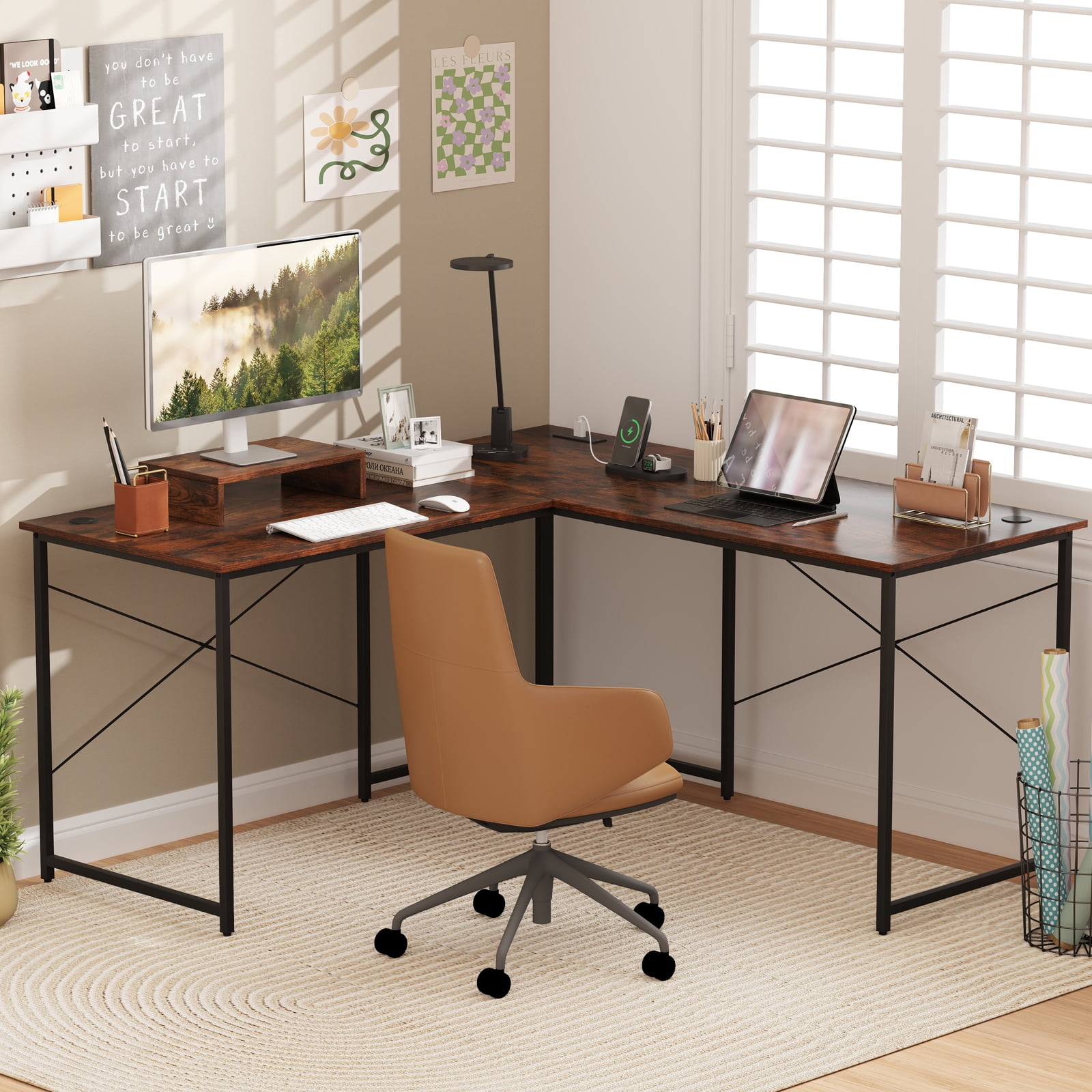 Giantex 95 Inch Reversible Corner Desk, L-Shaped Computer Desk w/Monitor Stand & 3 Cable Holes, 2-Person Long Study Writing Desk for ome Office, Rustic Brown