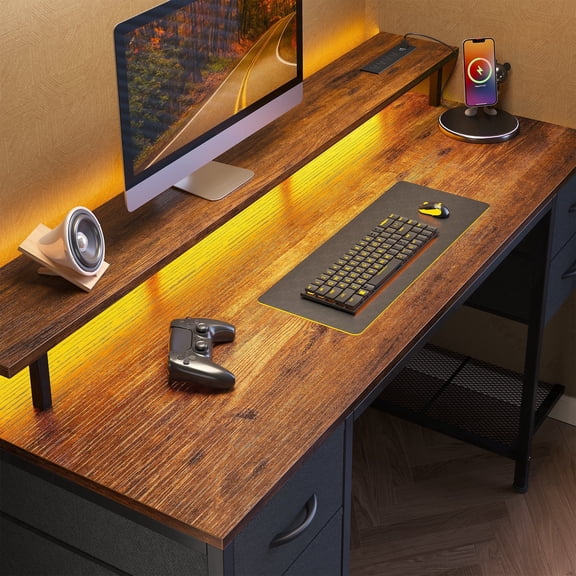Amadwell 55" Gaming Computer Desk with LED Lights, Power Outlets, Home Office Writing Desk with 4 Drawers, Rustic Brown