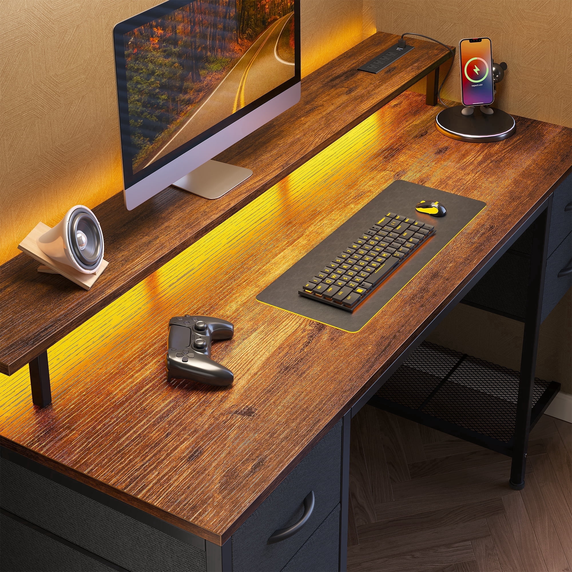 Amadwell 55" Gaming Computer Desk with LED Lights, Power Outlets, Home Office Writing Desk with 4 Drawers, Rustic Brown