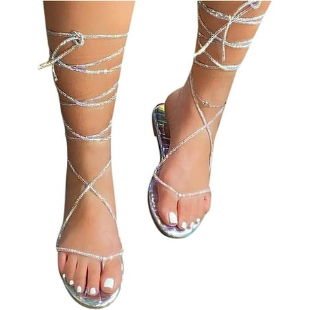 Strap Flip Flops Sandals Summer Crystal Flat Women s Sandals Women s Lace Up Round Toe Sandals Women Outdoor Shoes