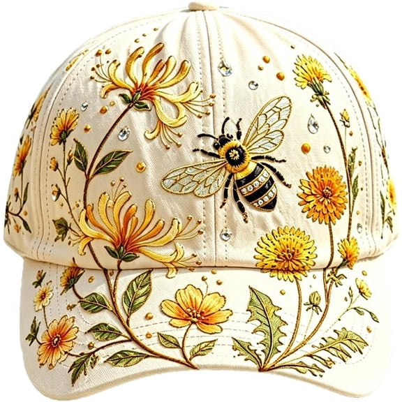Garden Morning Baseball Cap Bee Floral Print Baseball Cap for Women Lightweight Breathable Adjustable Outdoor Sun Hat