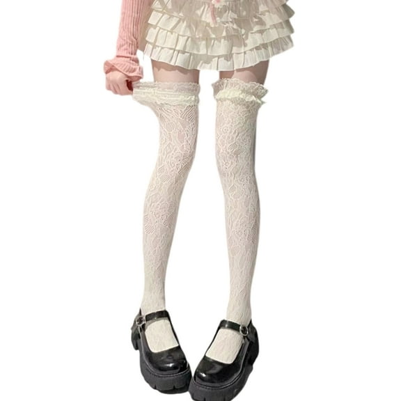 Aellinatey Ruffle Trim Thigh Highs Stockings for Women JK Flower Lace Fishnet Long Socks