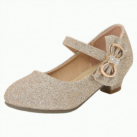 Gvdentm Kid Shoes Girls Heels Dress Shoes Mary Jane Rhinestone Bows Pumps Low Heel Princess Flower Wedding Party for Toddler Little Kid(Gold,3.5)