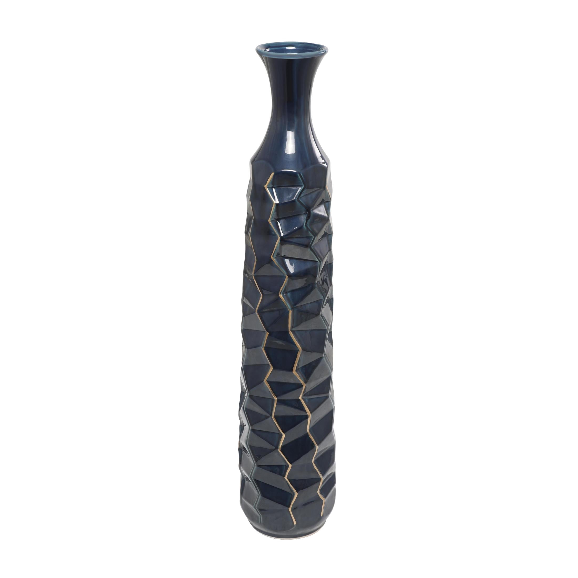 DecMode 40" Geometric Tall Floor Teal Ceramic Vase with Gold Accents