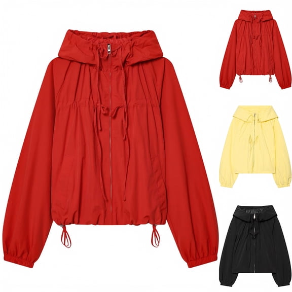 OIOLOYJM Womens Rain Jacket with Hood Gathered Casual Loose Fit Zip Up Coat Drawstring Hem Waterproof Long Sleeve Outerwear with Pockets Red L