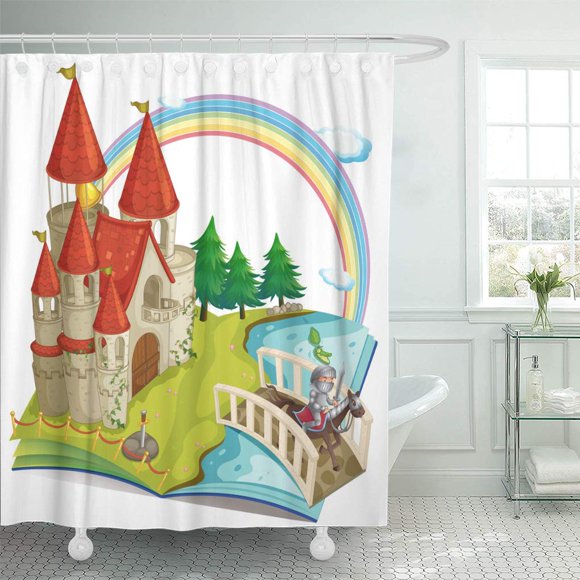 YUSDECOR Green Storybook of Pop Up Book Castle and Knight Bathroom Decor Bath Shower Curtain 60x72 inch