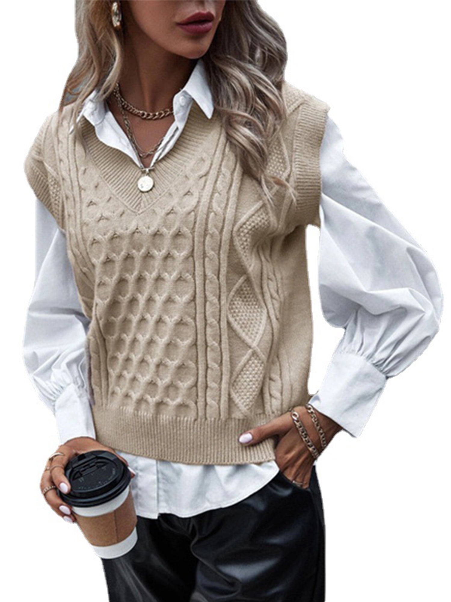Frontwalk Autumn V Neck Sweater Vest for Women Solid Color Sleeveless ...