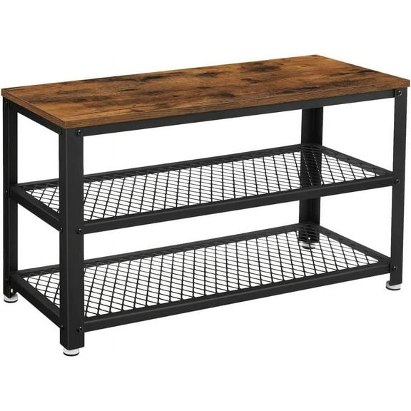 28.7" Shoe Rack Bench 3-Tier Shoe Shelf Storage Bench with Metal Mesh Shelves and Seat Shoe Rack Brown
