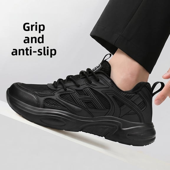 Men's All-Black Chunky Streetwear Sneakers, Breathable Mesh Casual Shoes with Geometric Detailing for Everyday Wear