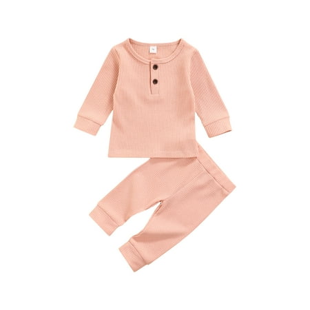 

Qiylii Baby Solid Color Outfits Long Sleeve Round Neck Button Tops+ Trousers
