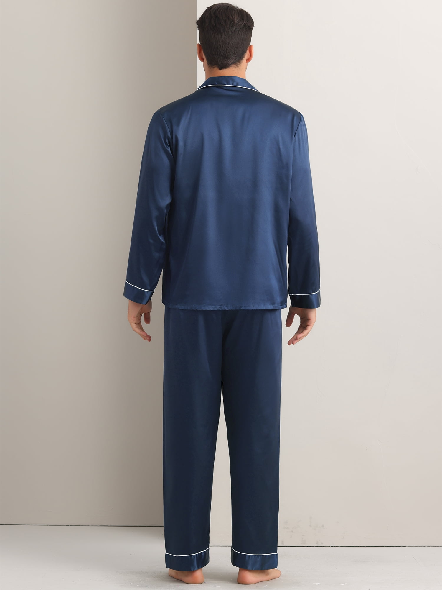 DARING DIVA Men's 2-Piece Homewear Button Down Long Sleeve Shirt L Navy Blue